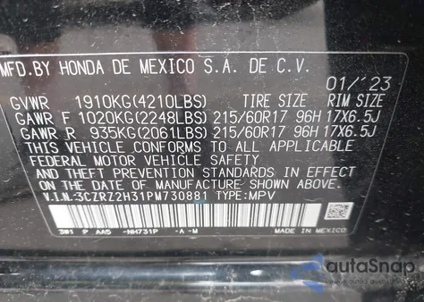 2023 Honda Hr-V Awd Lx из США, поврежденный, VIN 3CZRZ2H31PM730881